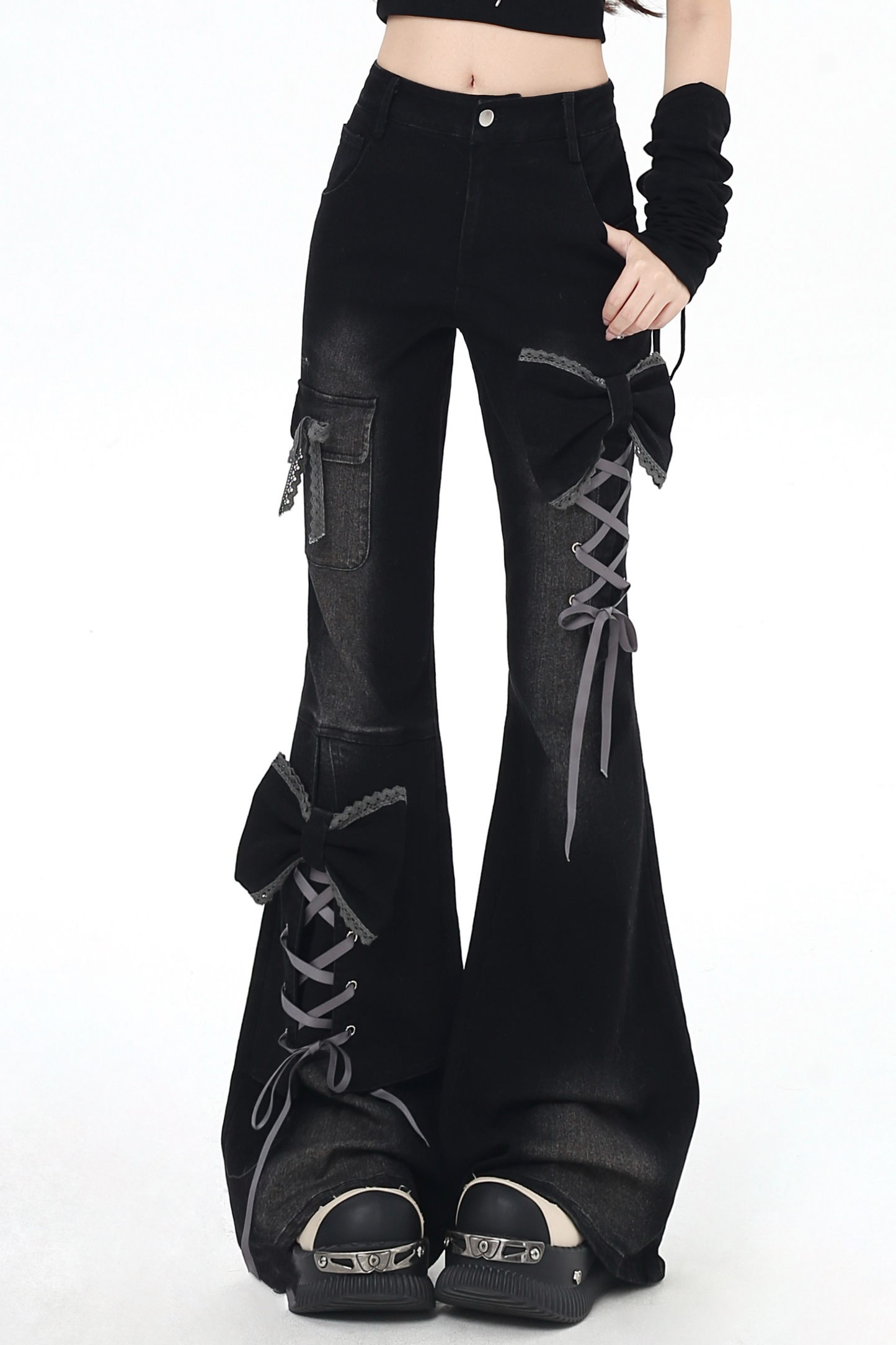 Lace-up flared denim pants