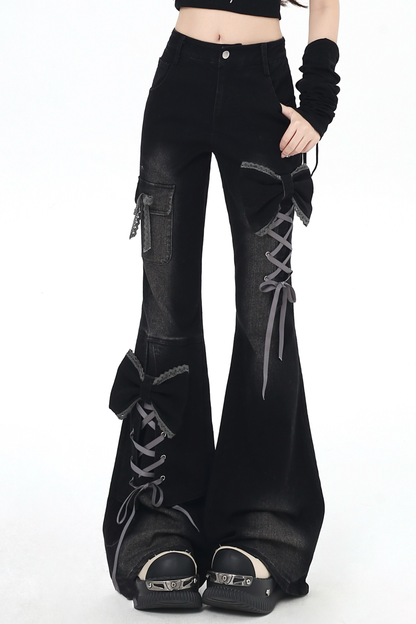 Lace-up flared denim pants