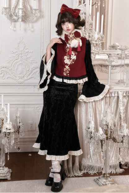 レトロフィッシュテールチャイナドレス+ベスト+ファースカーフ
