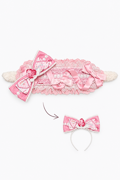【10月21日予約締切】Pink/Blue Lamb Ear Headband With Detachable Ribbon + Strawberry Embroidered Ribbon KC