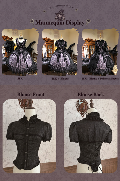 【10月30日予約締切】Purple And Black Gothic Lolita Dress Complete Set [Bunny Ear Hat Version/Witch Hat Version] (Witch Print Bustier Dress + Black Short-Sleeved Blouse + Bat Wing Back Train + Detachable Princess Sleeves)