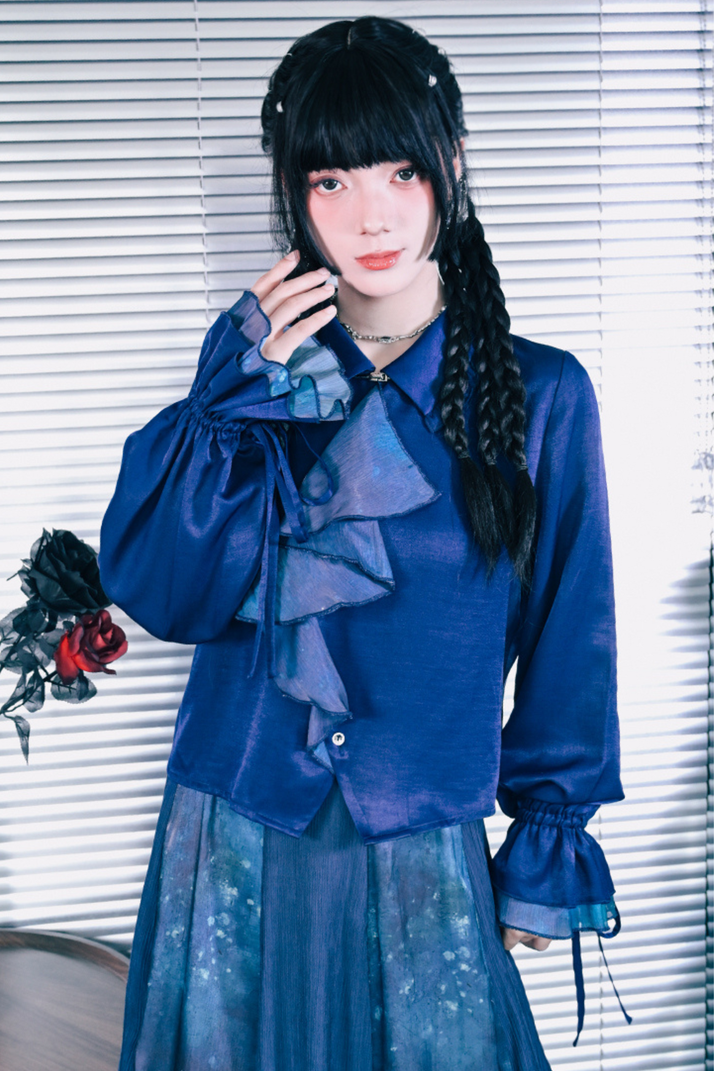 Blue World Floating Light Splice Ruffle Lantern Sleeve Shirt