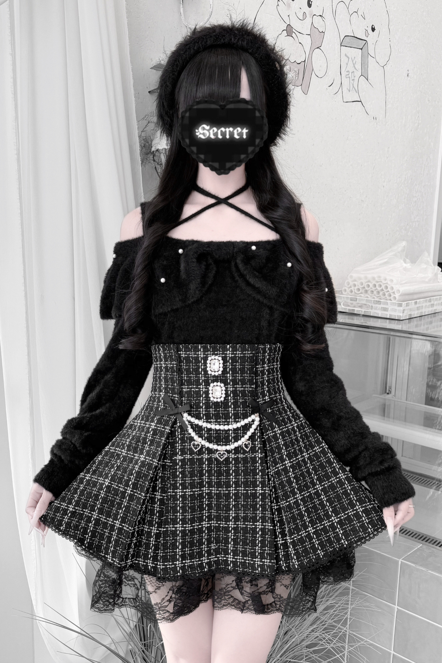 Ribbon mink velvet off-the-shoulder sweater