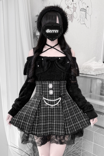 Ribbon mink velvet off-the-shoulder sweater