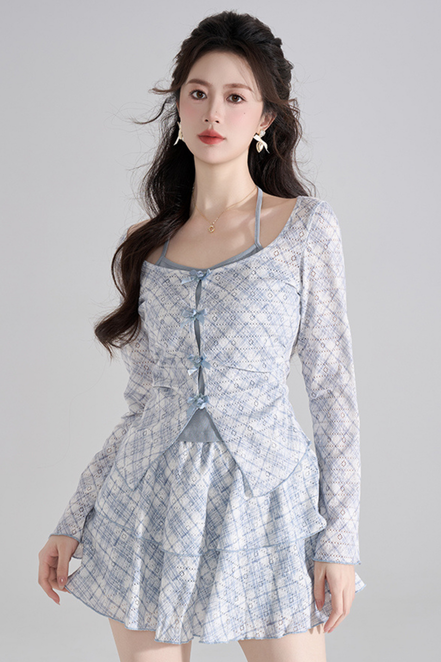 Blue Check French Sleeve Ensemble Top + Flared Skirt