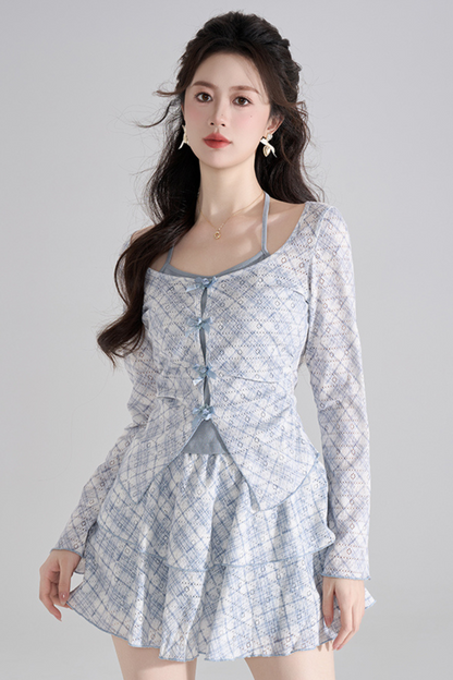 Blue Check French Sleeve Ensemble Top + Flared Skirt