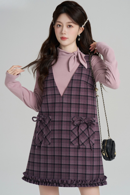 パープルプレイドラッフルドレス+トップス