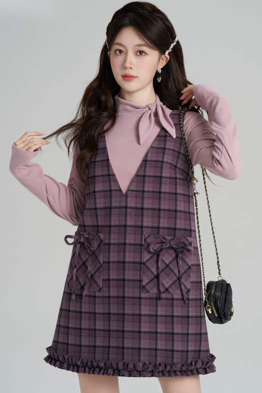 パープルプレイドラッフルドレス+トップス