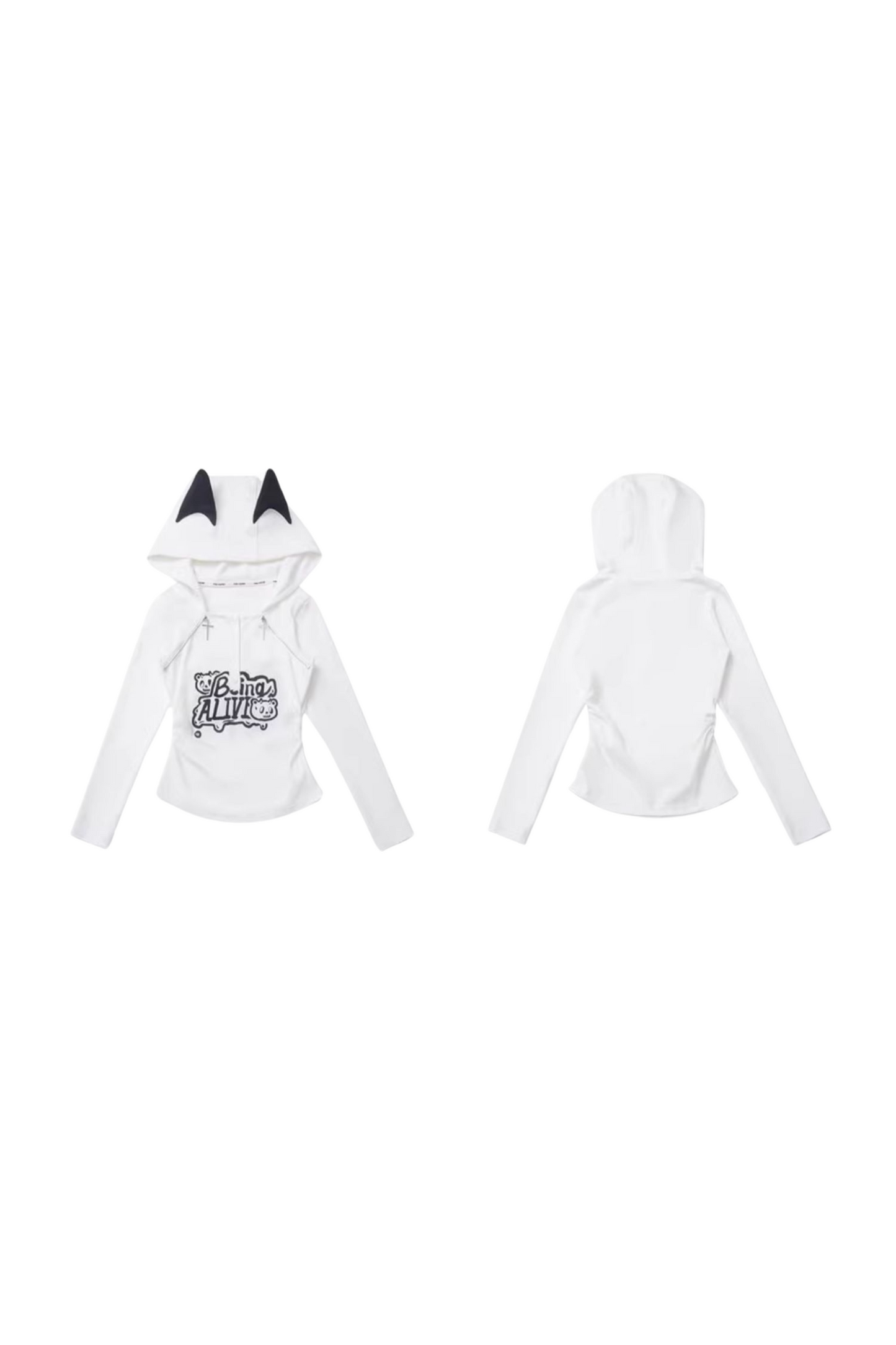 猫耳フードトップス+ルーズニットセーター+カーゴパンツ+ストラップスカート