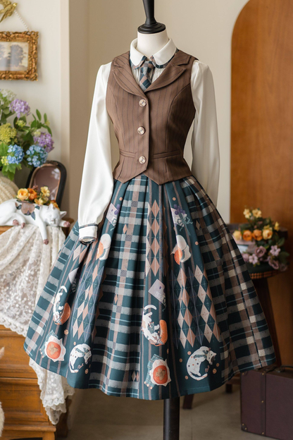 Retro Classic Forest Academy Shirt + Vest + Check Skirt