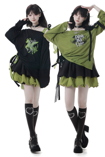 ワンショルダーアシメトップス+バルーンスカート