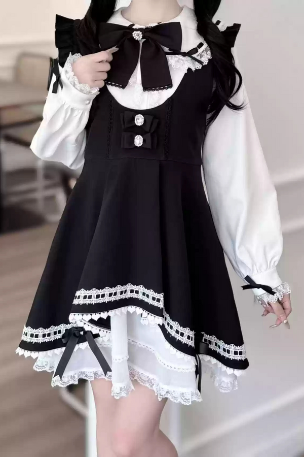 Rabbit Sweet Shirt + Ribbon Suspender Skirt