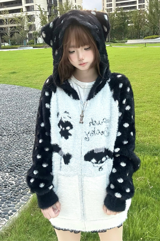 キャットイヤーフードドットデザインニットパーカー