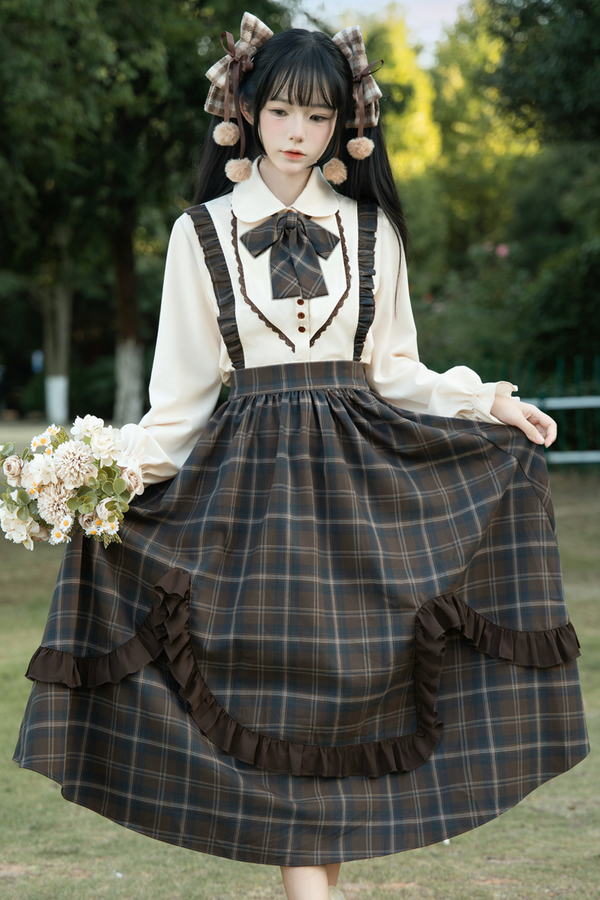 Retro girly check skirt + ruffle blouse