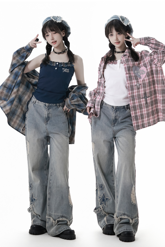 チェックルーズシャツ+タンクトップ