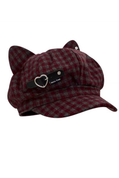 Red Plaid Cat Ear Beret