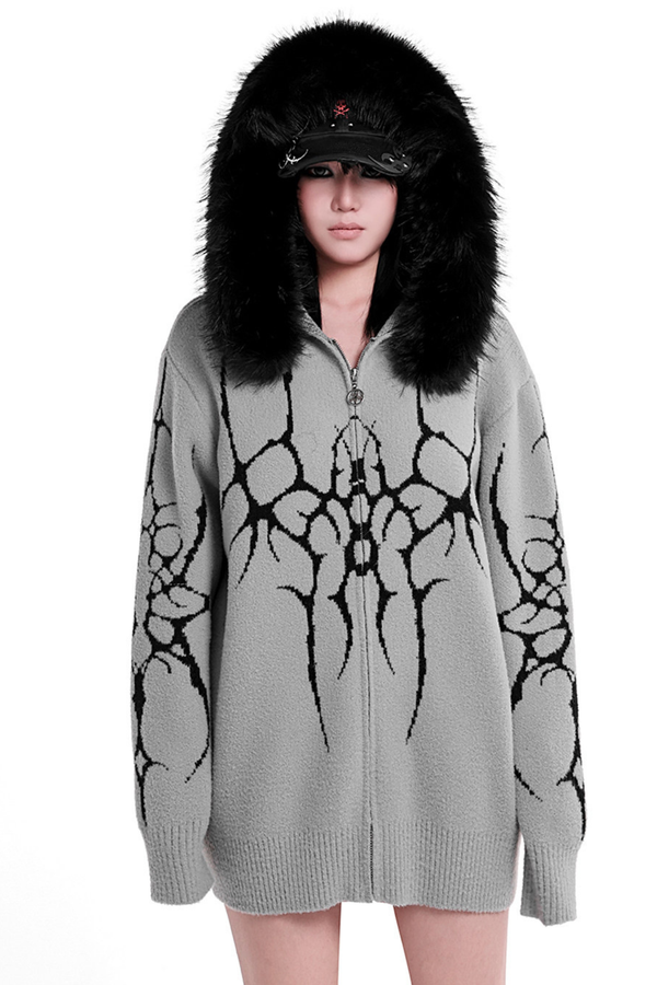 ゴシックファーフードルーズジップカーディガン