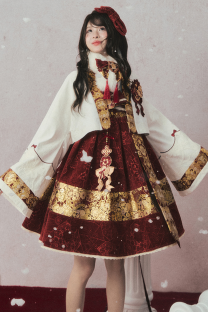 ベルベットダークレッドドレス+トップス+ジャケット+アクセサリー