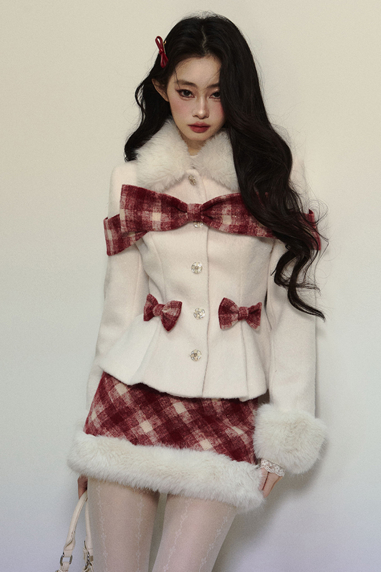 Check Ribbon Coat + Fur Check Skirt