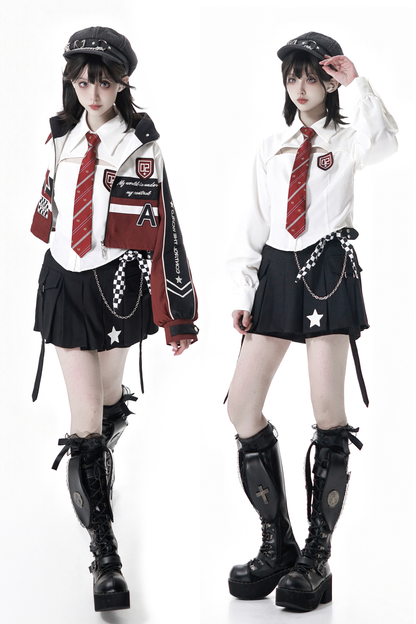 バイカージャケット+ネクタイ付きシャツ+スカート+ベルト