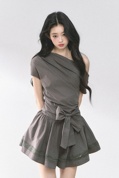 ウエストスリムパフィーオフショルダードレス