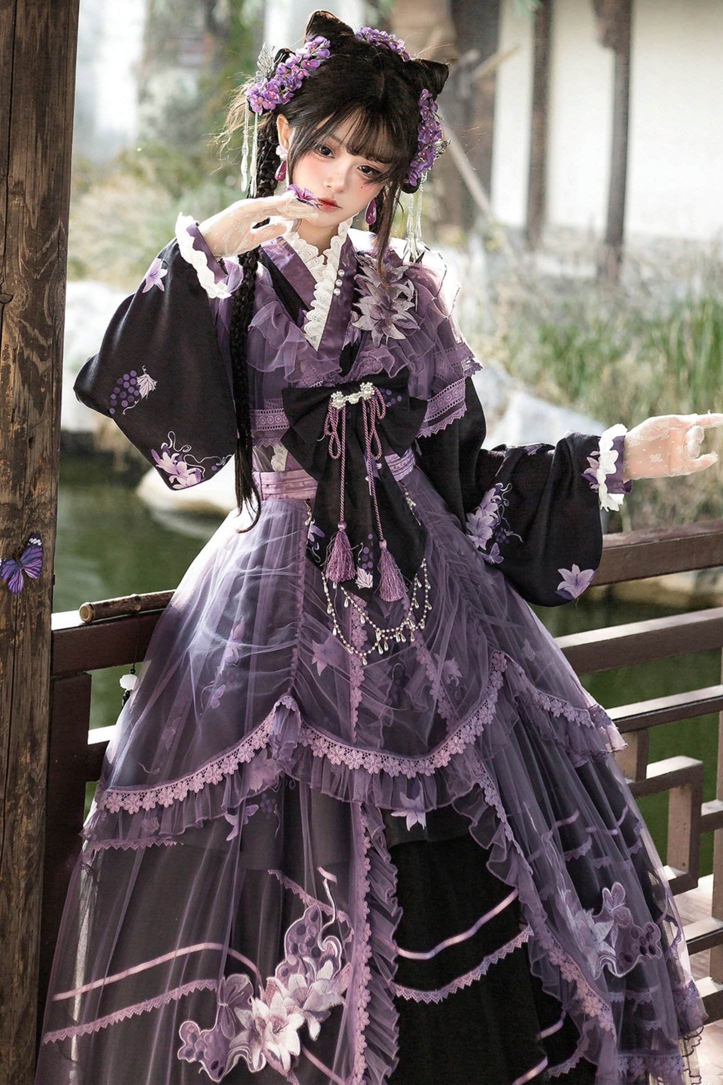 チャイナパープルフローラルドレス+アウタードレス+ロングスカート