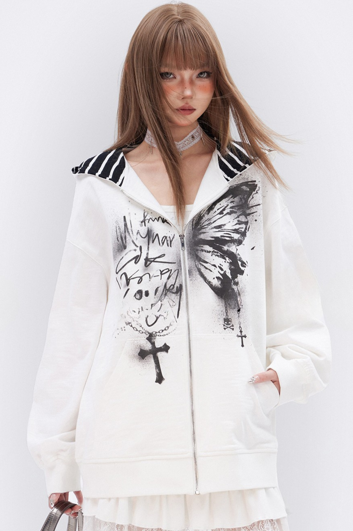 Butterfly Print Hooded Cross Loose Zip Hoodie