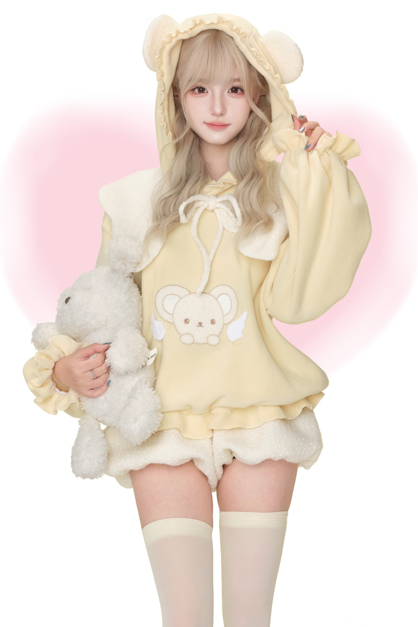 ]クリームベアイエロートップス+モコモコパンツ