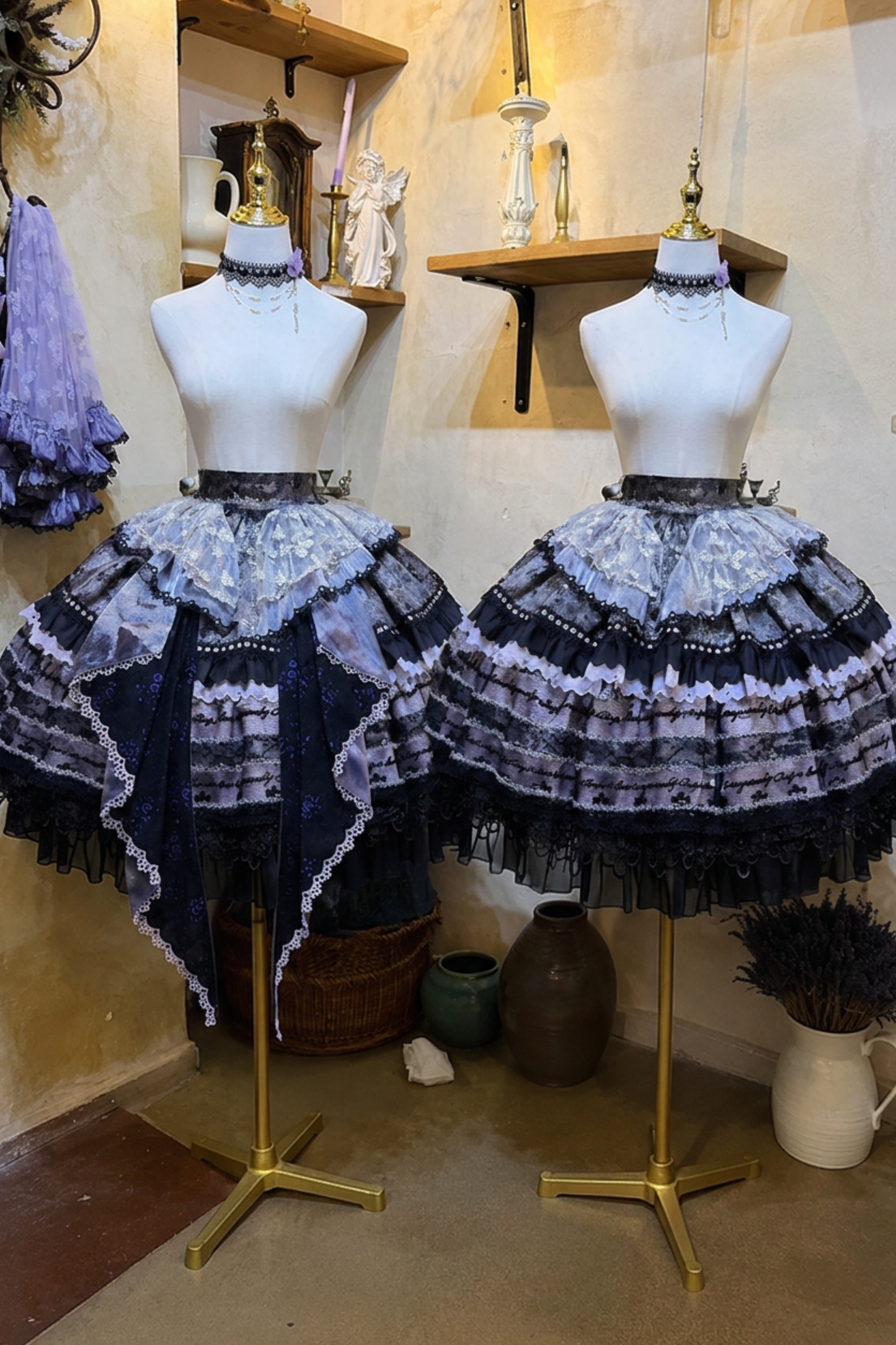 [Pre-order Deadline: August 29] Purple x Black Dark Gothic Butterfly Lace-Up Corset Bustier + Lace Ruffle Layered Skirt (with Front Ruffle Train) Matching Set + Dress Set 1/2/3