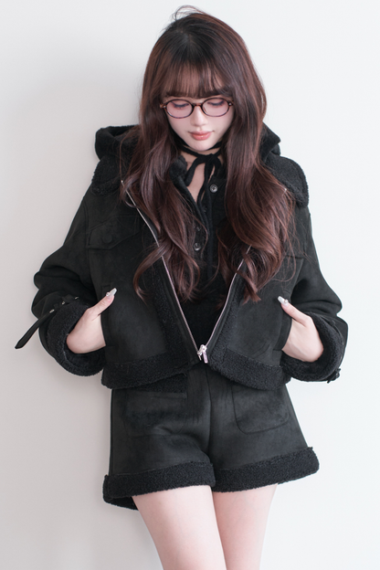 ファーショートコート+ショートパンツ