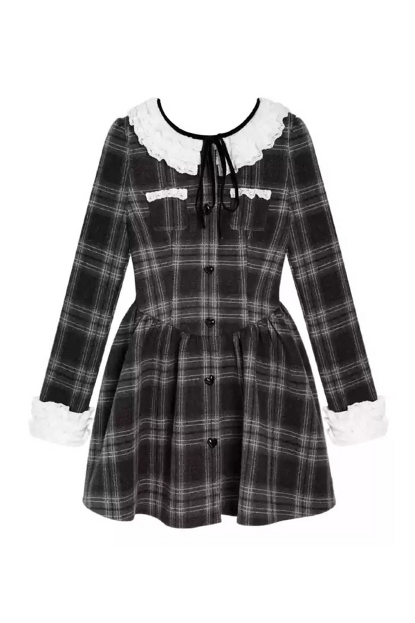 Lace Collar Wool Check Dress Coat