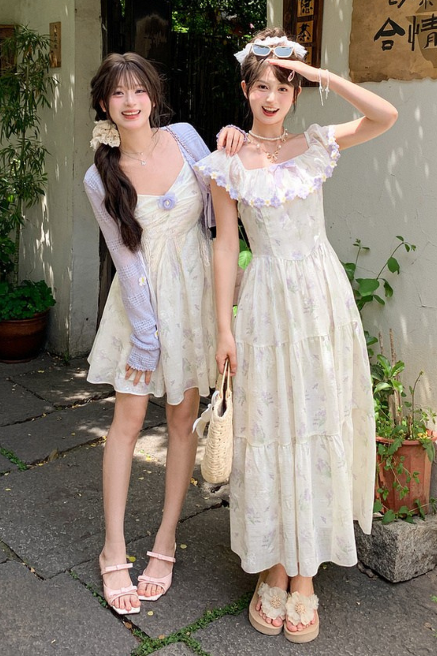 French Flower Off-the-shoulder Dress + Cardigan