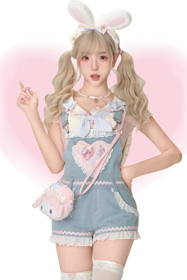Strawberry Bunny Top + Denim Salopettes