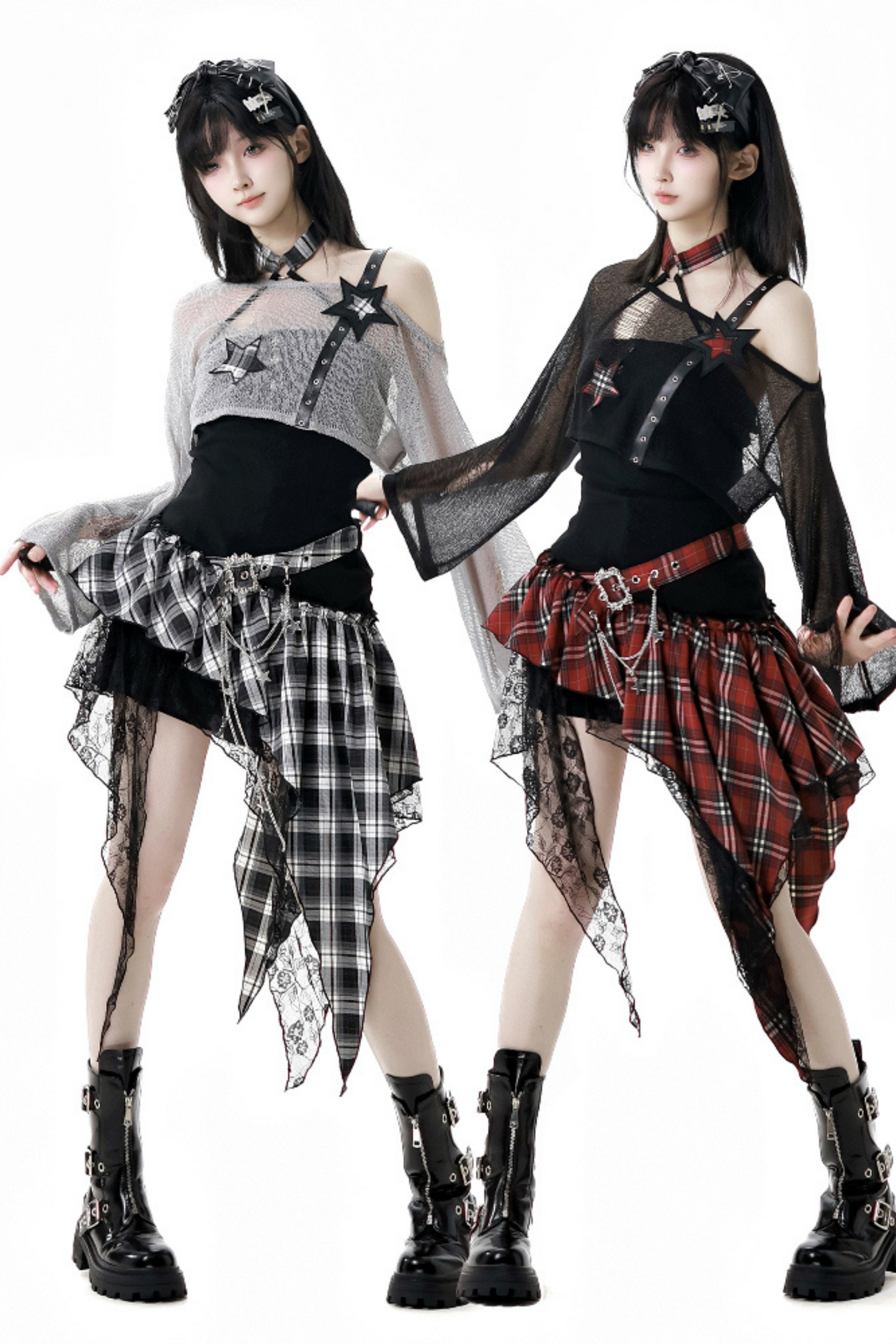 ロックシックチェックドレス＋ワンショルダーショートトップス＋ショートパンツ