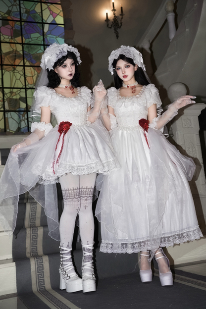 ゴシックツインズロリータドレス＋ハンドスリーブ＋ネックレス＋ヘッドバンド＋ベール＋コルセット＋取り外し可能カーテン＋コサージュ