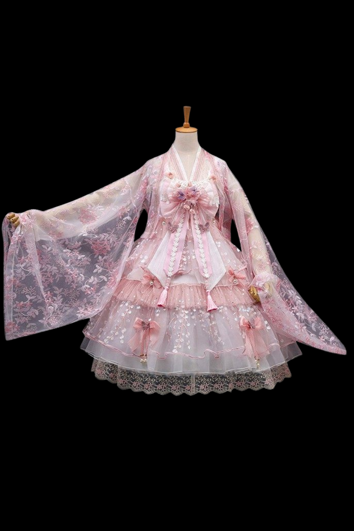 사쿠라 스위트 차이나 로리타 셔츠 + 목걸이 + 리본 + 베일 + 클립