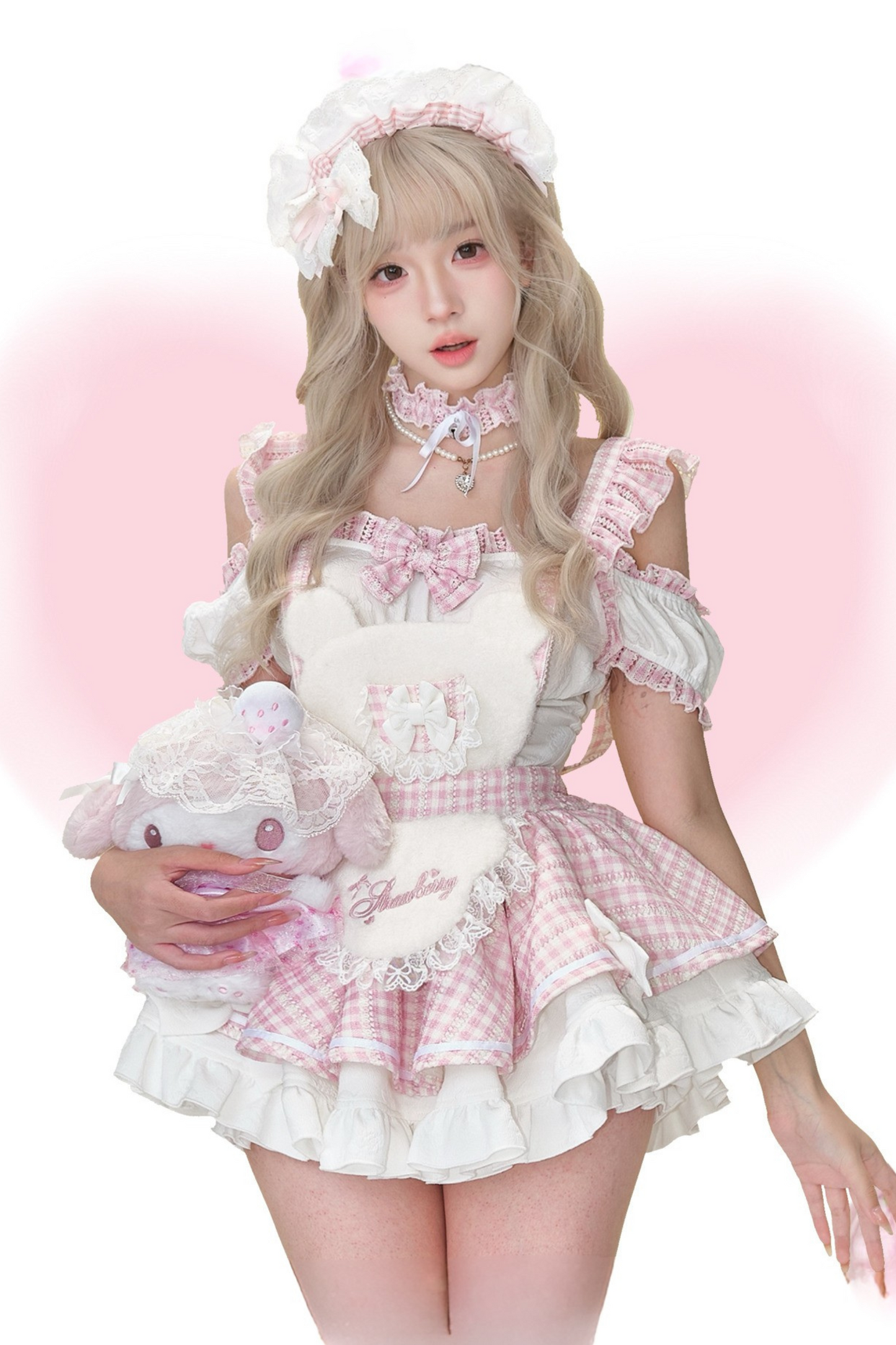 スイートハートトップス+チェック柄サスペンダースカート（襟付き）