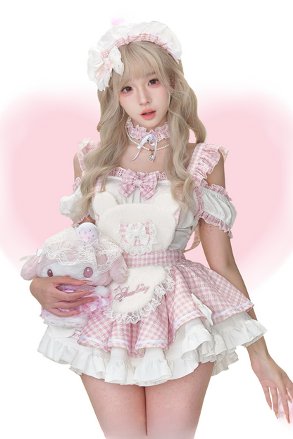 スイートハートトップス+チェック柄サスペンダースカート（襟付き）