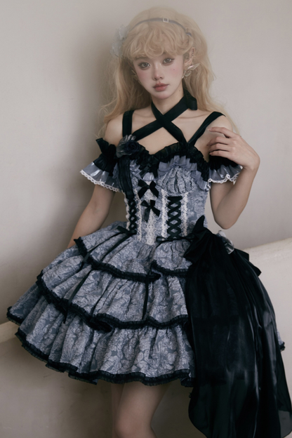 フリルレースアップロリータドレス