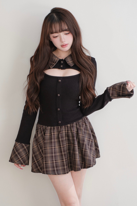 オープンネックチェックニットドレス