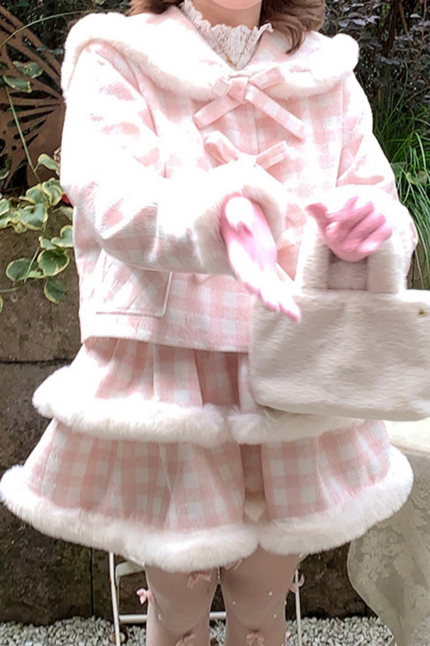 Peach Check Sweet Bow Coat + Check Tight Skirt + Fur Check Skirt