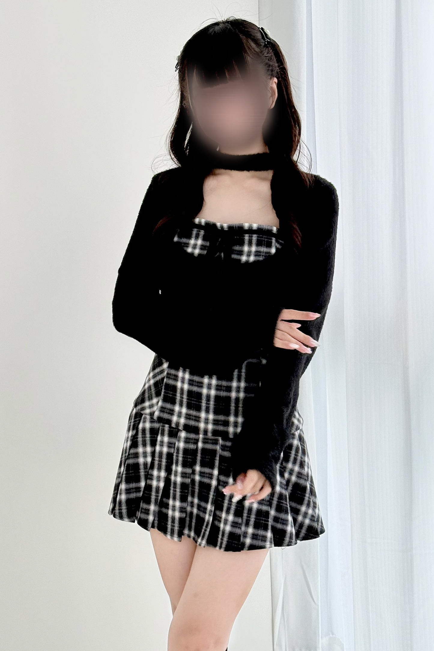 チェックフレアドレス+ショートカーディガン