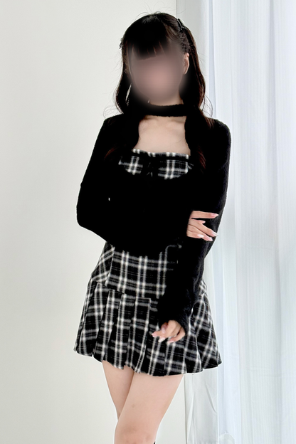 チェックフレアドレス+ショートカーディガン