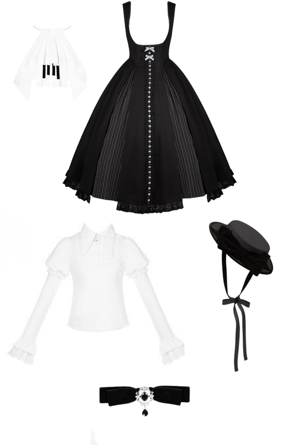 Six Sweet Lolita Flare Jumper Skirt + Top + Hat + Ribbon + Collar