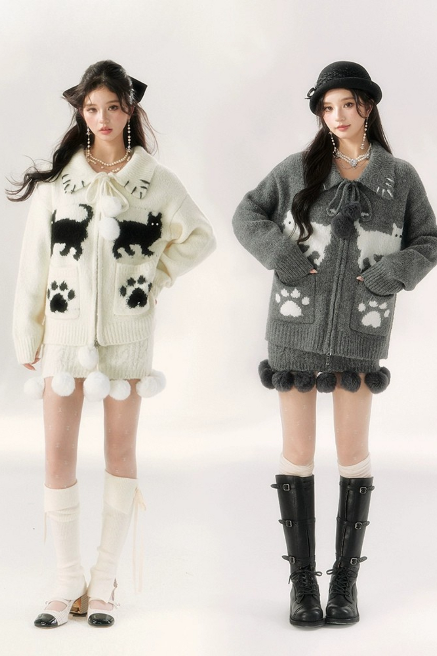 Cat Ball French Knit Sweater + Fur Skirt