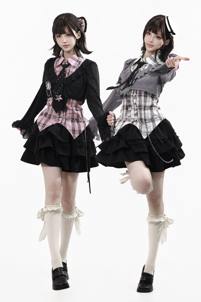 Plaid Sleeveless Shirt + Top + Tiered Skirt