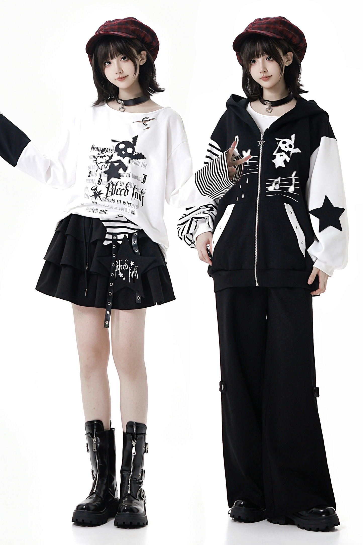 ストライプロックプリントフードジャケット+トップス+ロングパンツ+スカート