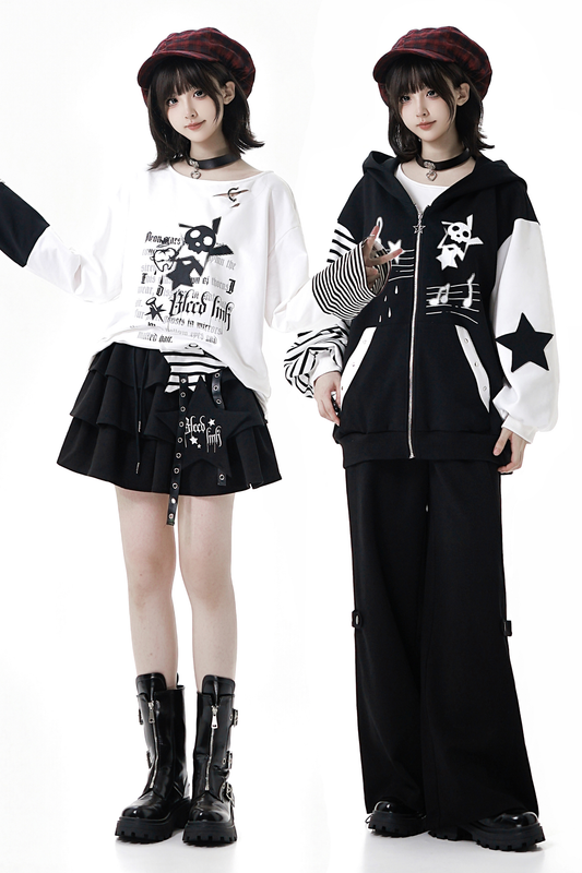 ストライプロックプリントフードジャケット+トップス+ロングパンツ+スカート