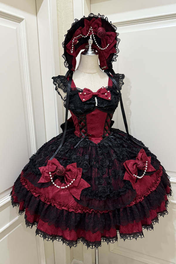 ローズフリルプリンセスジャンパースカート+バッグリボン+ボンネット