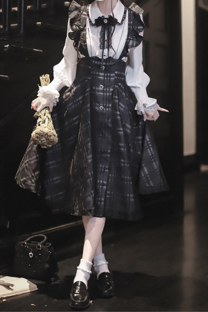 エレガントロングチェックサススカート＋シャツ＋リボン